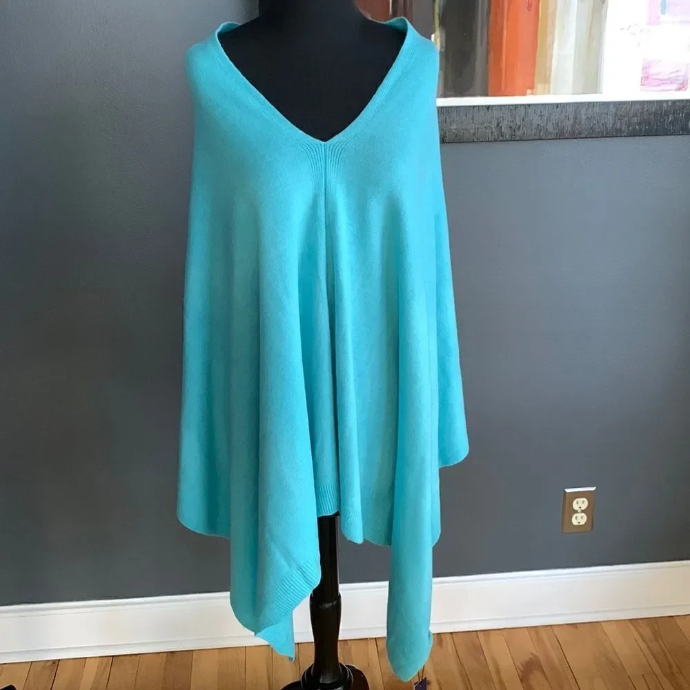 Soft turquoise V neck sweater cape. Asymmetrical front hem. NWT. one size.